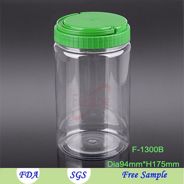 1.3L plastic food packing jar with colored screw top lids