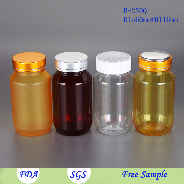 clear PET plastic vitamin and capsules bottle, plastic pill container with aluminum screw 250ml