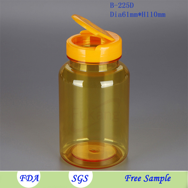 225 cc PET plastic yellow/green/black capsule bottle and gold lid