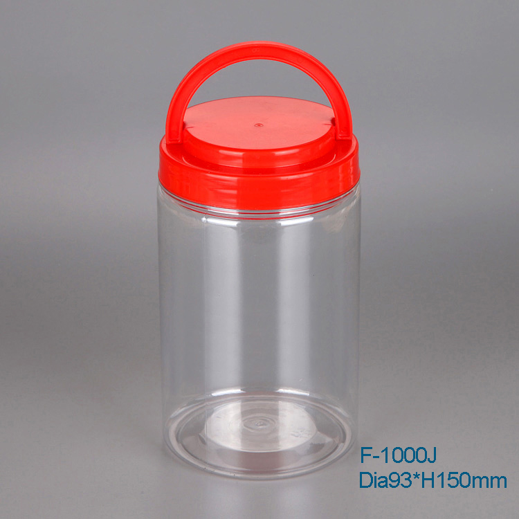 1 Litre Clear PET Food Bottle for Biscuit, wholesale Food Grade Plastic Cookie Jar with Handle Lid