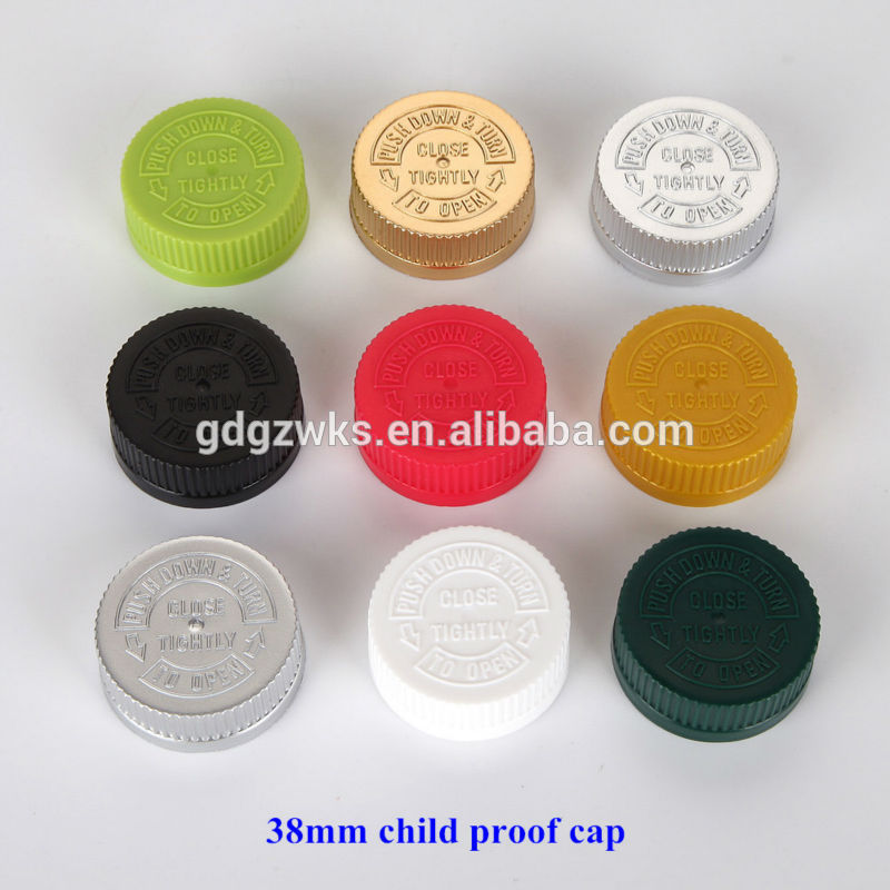 plastic 38mm gloden color PP CRC cap,38mm plastic child resistant cap for medicine plastic bottle