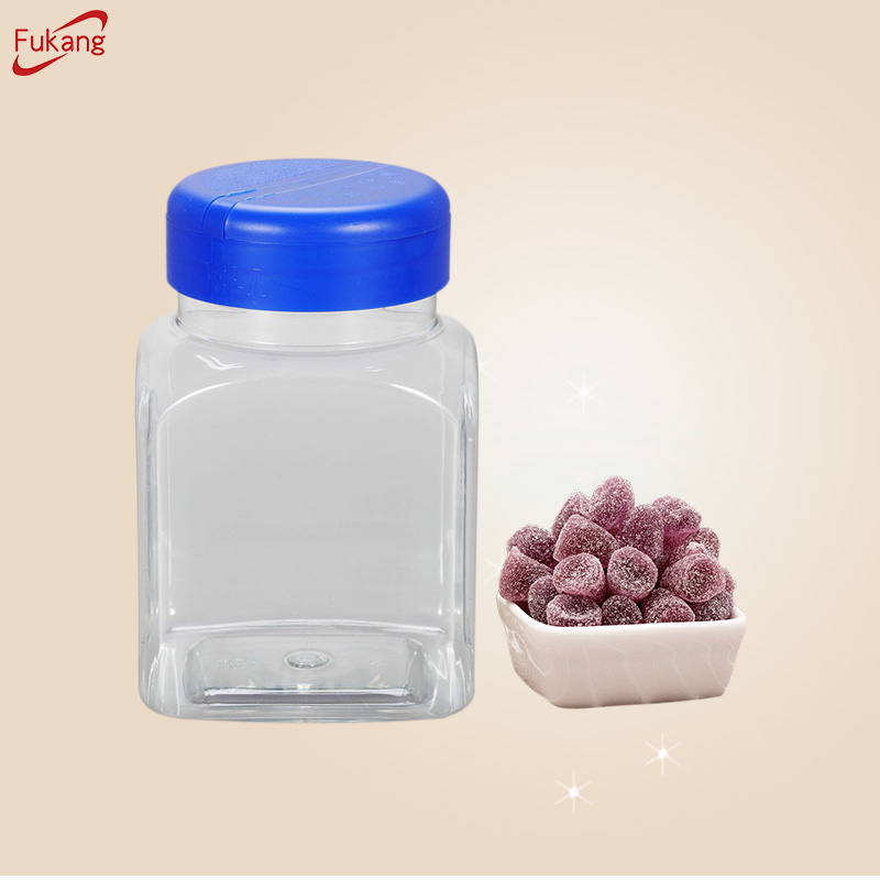 450ml rectangle shape dry fruit candy PET plastic cookie jar with square lid