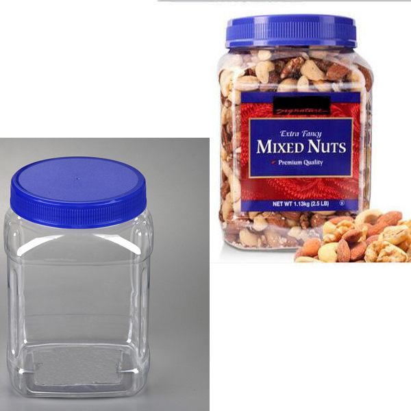 2.5LB Pet Clear Roasted Nuts Packaging Jars, Large Square Pinch Grip mixed nuts/almond Jars
