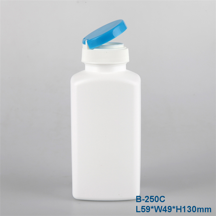 250cc square hermetic plastic pill capsule bottle,HDPE plastic tablets white color bottle and pill container with flip cap