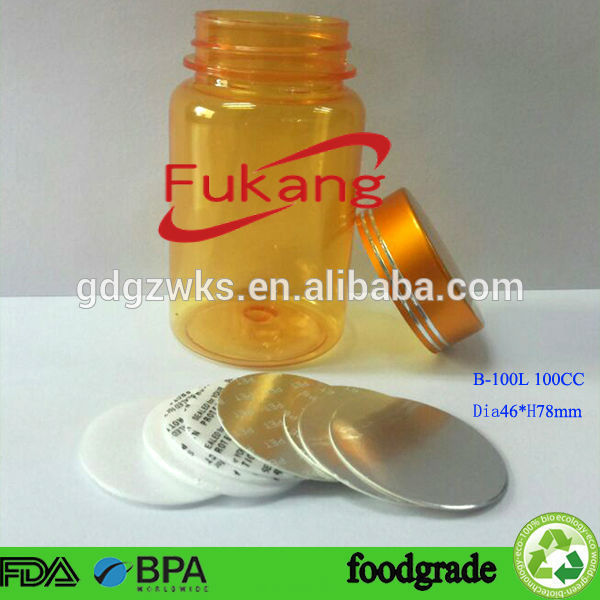 100cc Round Vitamin Medicine Plastic Bottle & Metal Cap,Healthcare Supplement Empty PET Plastic Pill Yellow Color Bottle
