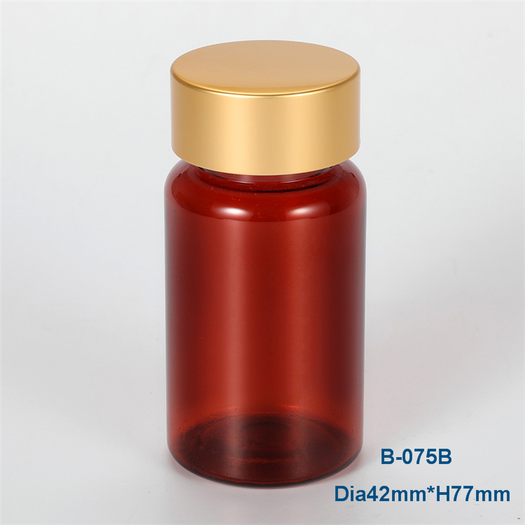 PET amber 75ml round plastic bottle with golden metal cap