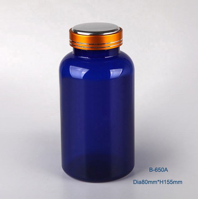 650ml round blue PET plastic capsule bottle with aluminum cap