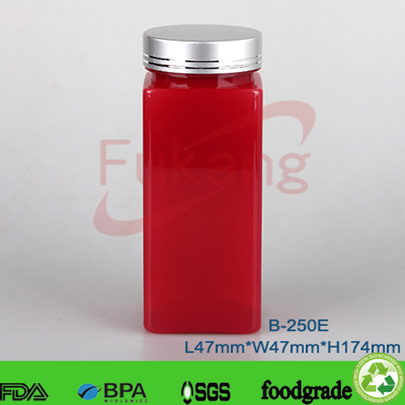 250cc PET Plastic Pill Pharmaceutical Square Bottle,Red Plastic Vitamin Capsule Bottle With Silver Aluminum Cap
