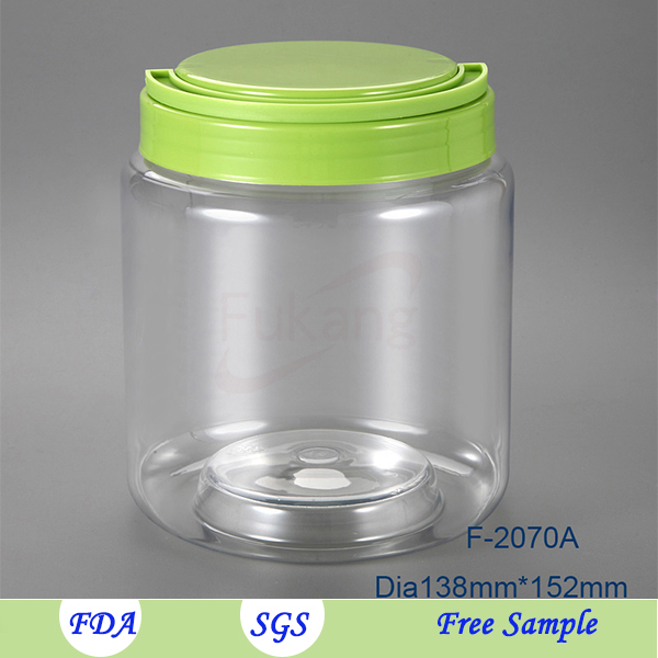 transparent 2L plastic bottle for dry foods with handle cap, 64 OZ PET plastic oval storage jars